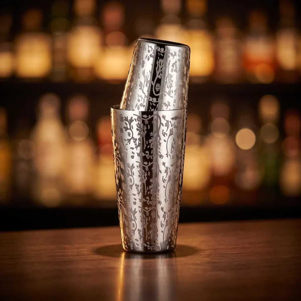 Engraved Boston shaker 500 + 800 ml, on a bar counter