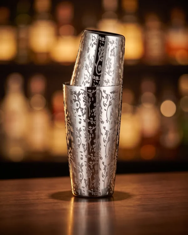 Engraved Boston shaker 500 + 800 ml, on a bar counter