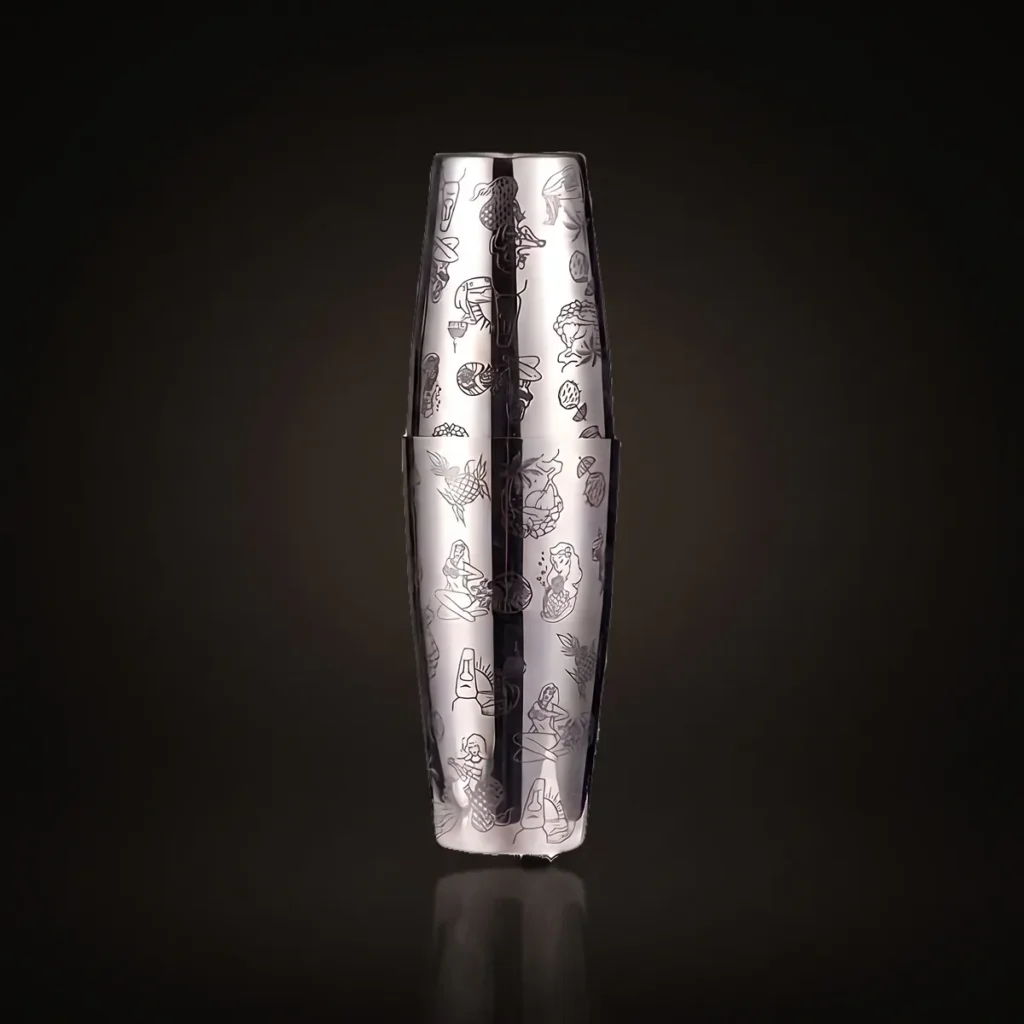 Silver engraved Boston shaker, Hula pattern, front view