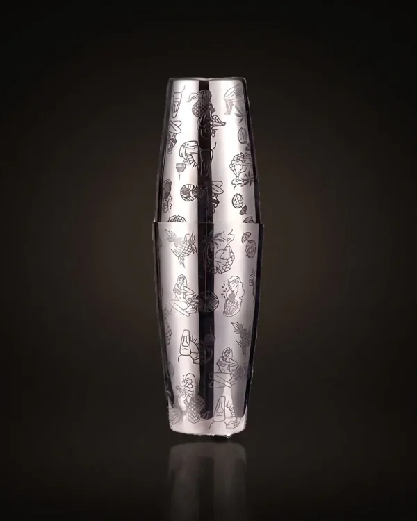 Silver engraved Boston shaker, Hula pattern, front view
