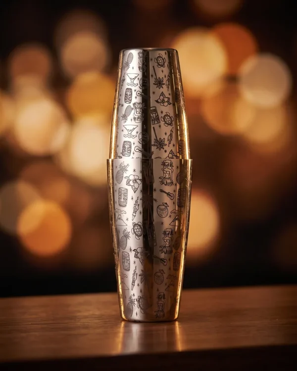 Silver engraved Boston shaker, Tiki pattern, on a bar counter