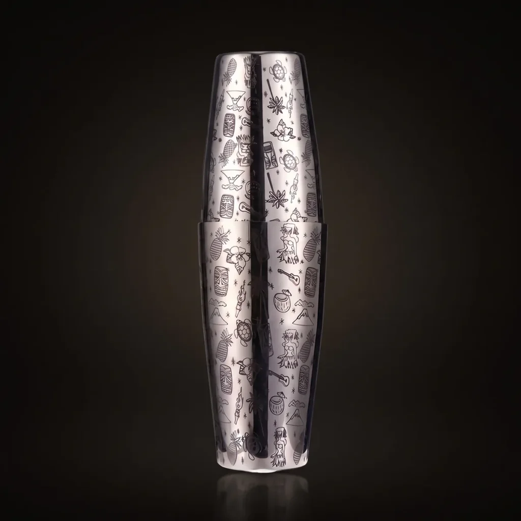 Silver engraved Boston shaker, Tiki pattern, front view