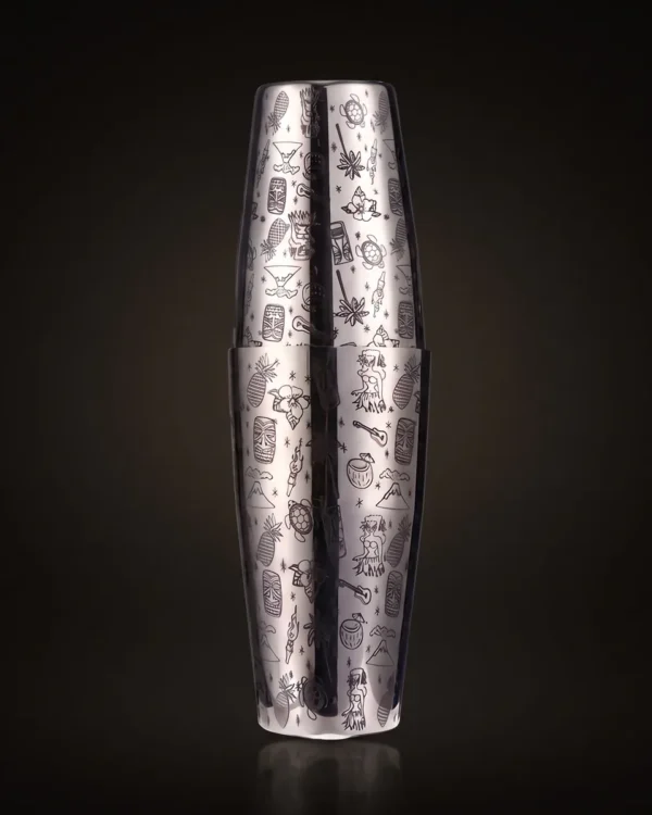 Silver engraved Boston shaker, Tiki pattern, front view
