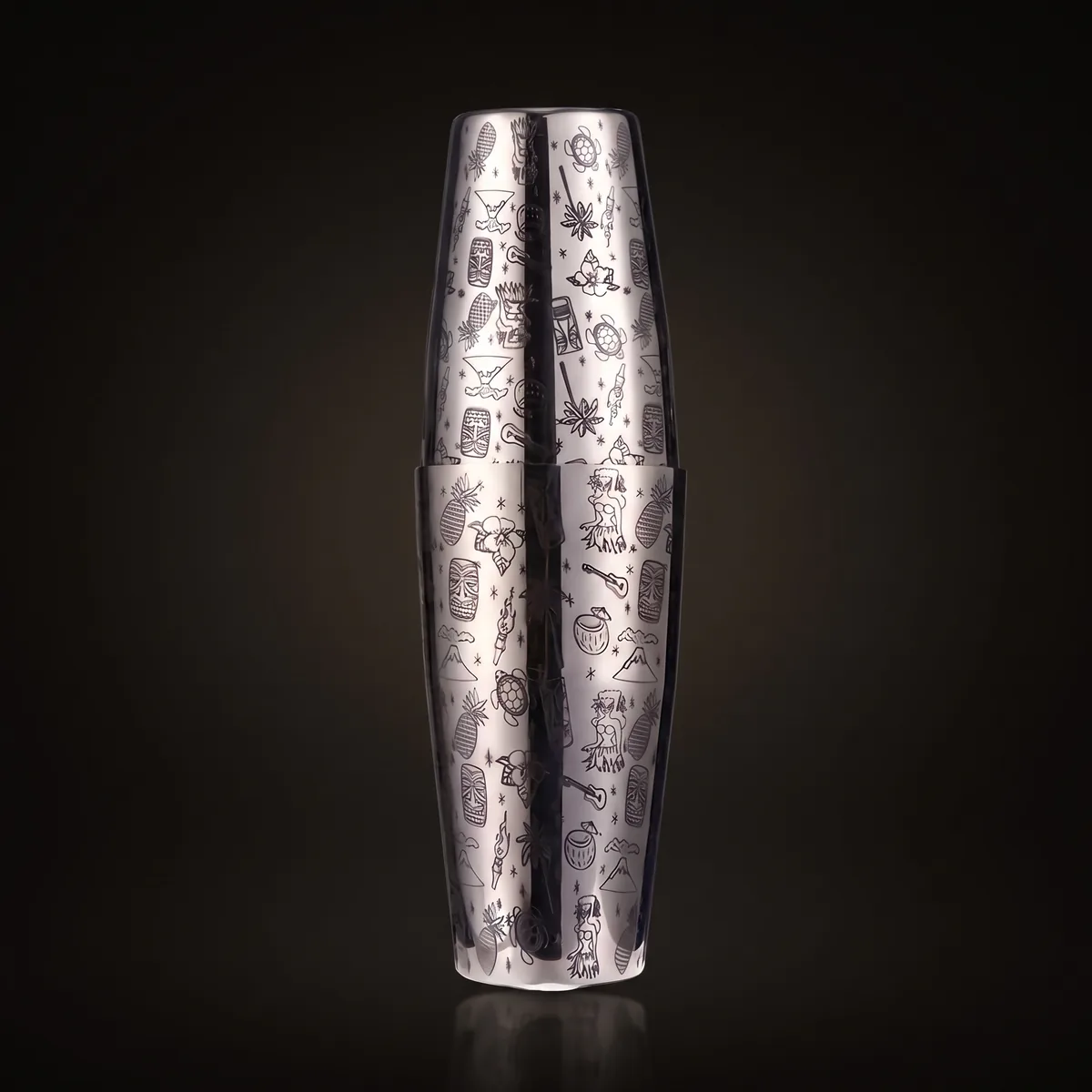 Silver engraved Boston shaker, Tiki pattern, front view