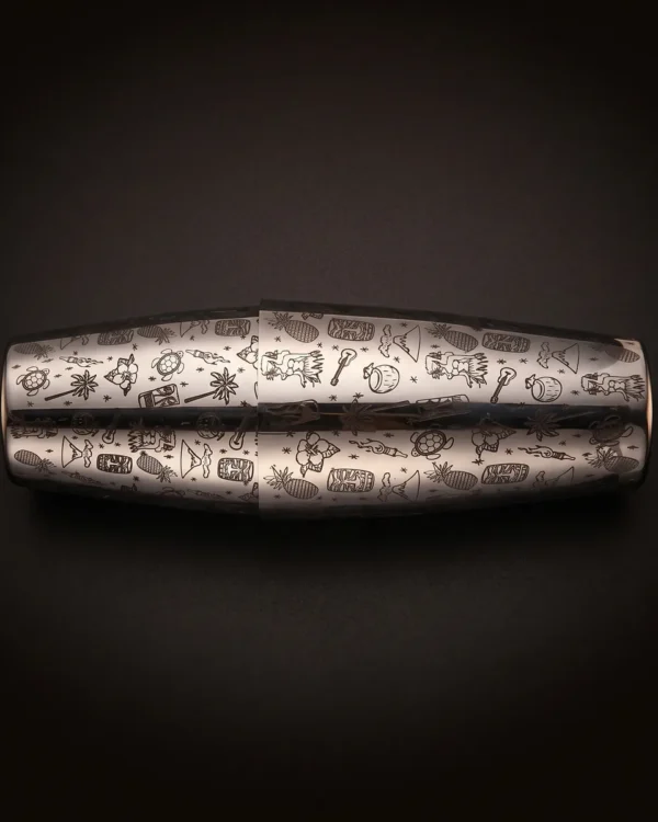 Silver engraved Boston shaker, Tiki pattern, top view