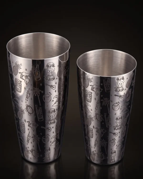 Silver engraved Boston shaker, Tiki pattern, three-quarter view
