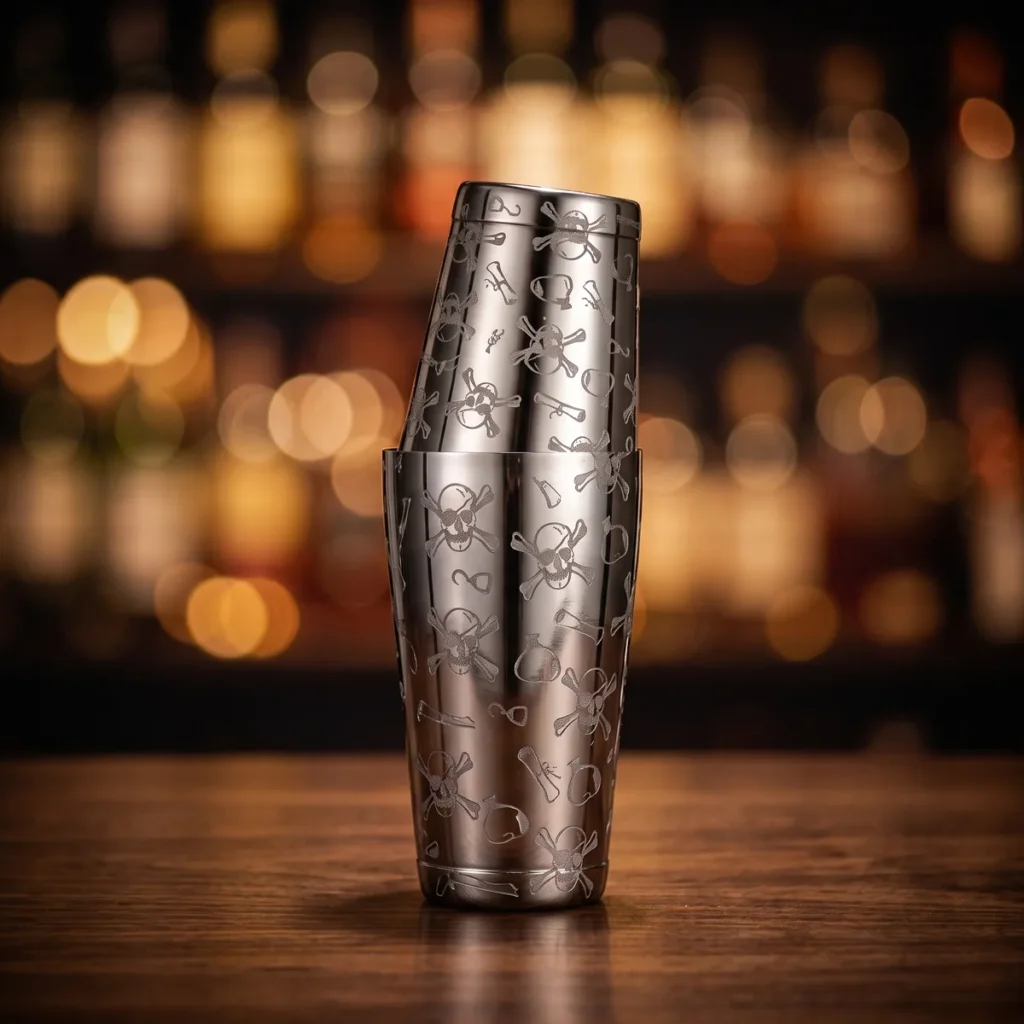 Engraved Boston shaker, mirror-finish skull, on a bar counter