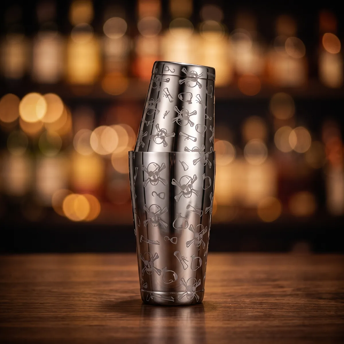 Engraved Boston shaker, mirror-finish skull, on a bar counter
