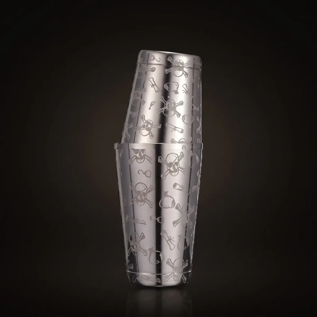 Engraved Boston shaker, mirror-finish skull, front view