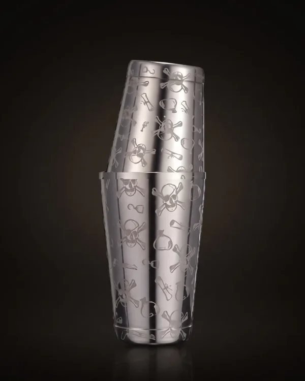 Engraved Boston shaker, mirror-finish skull, front view