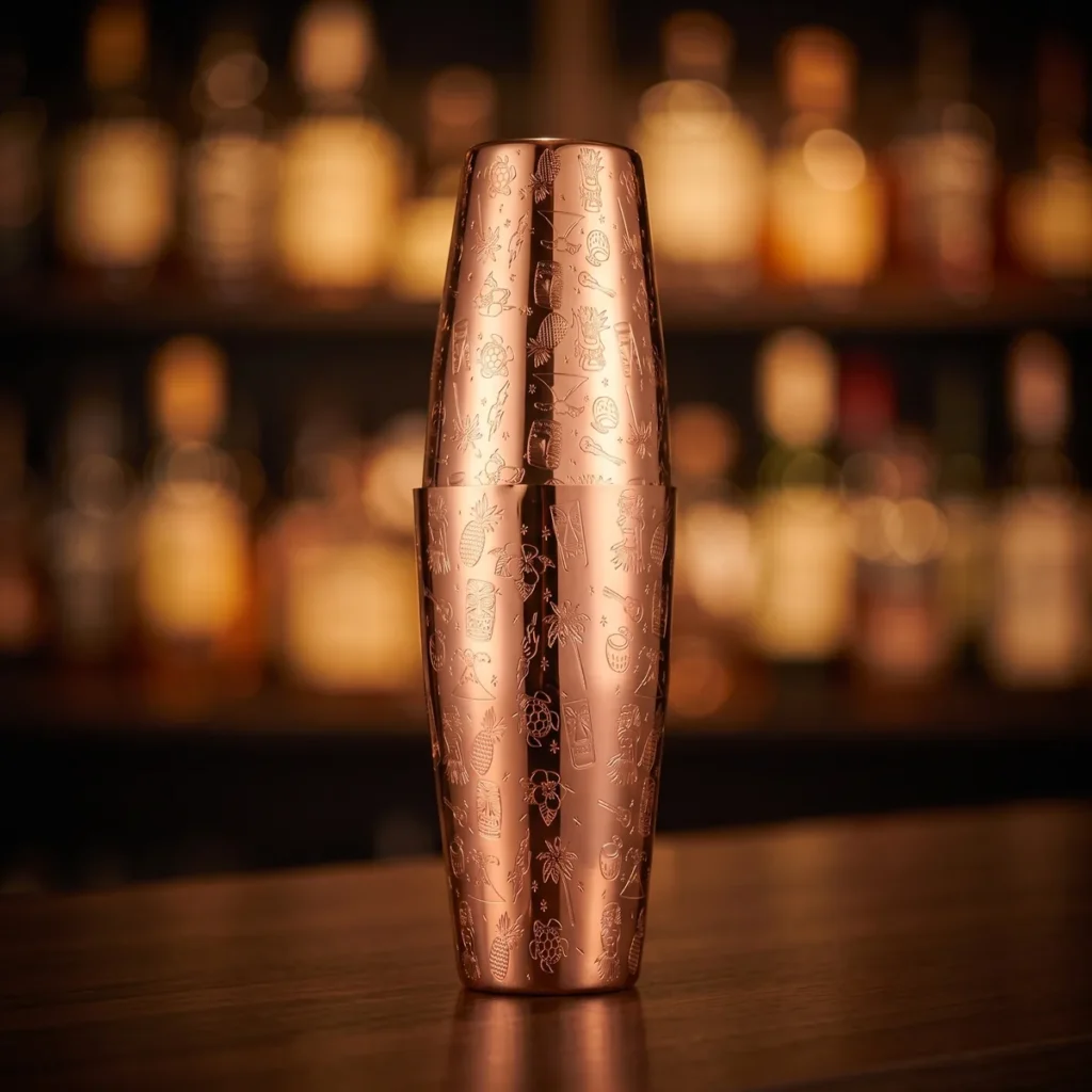 Copper engraved Boston shaker 650 + 850 ml, on a bar counter