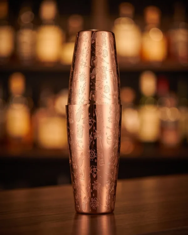 Copper engraved Boston shaker 650 + 850 ml, on a bar counter