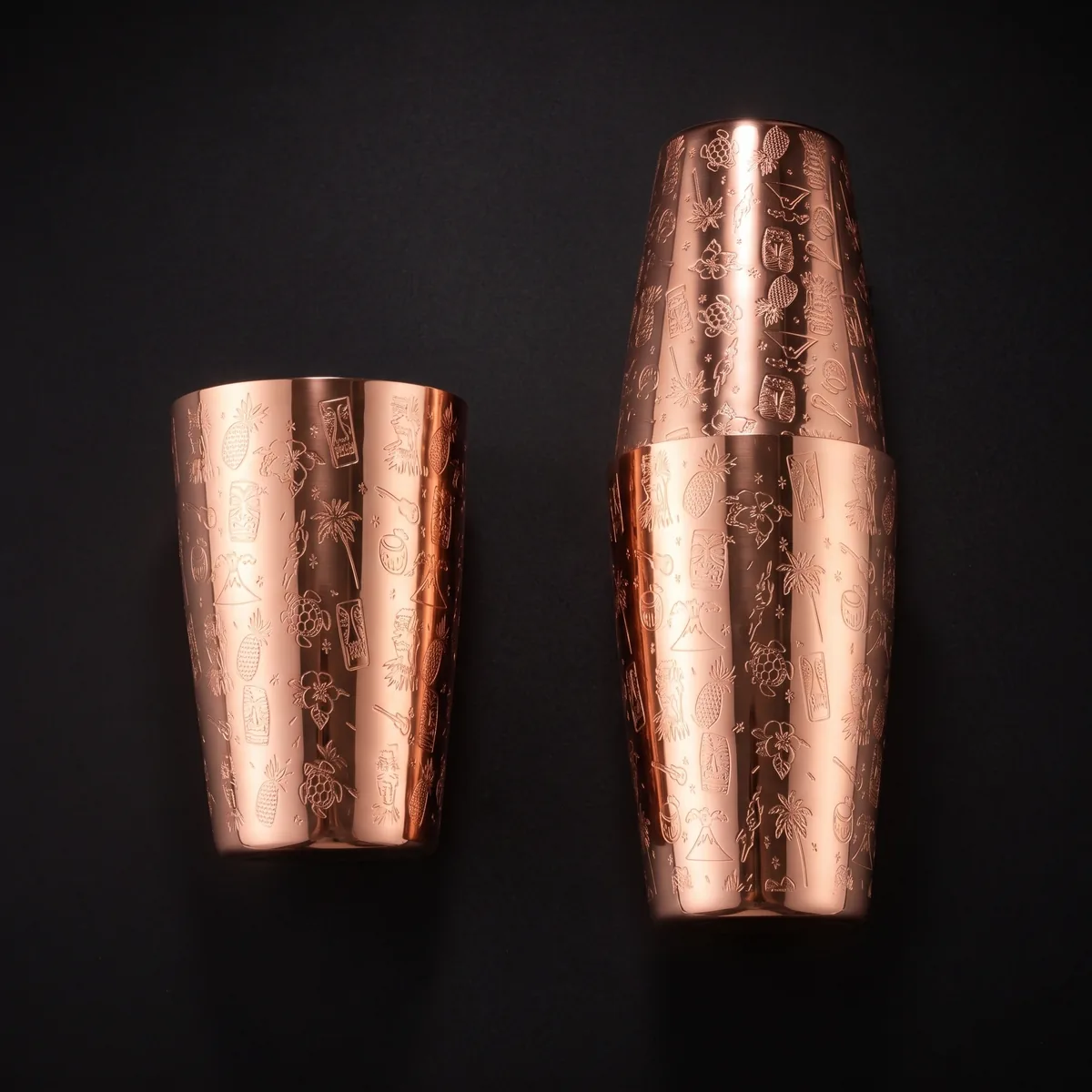 Copper engraved Boston shaker 650 + 850 ml, top view