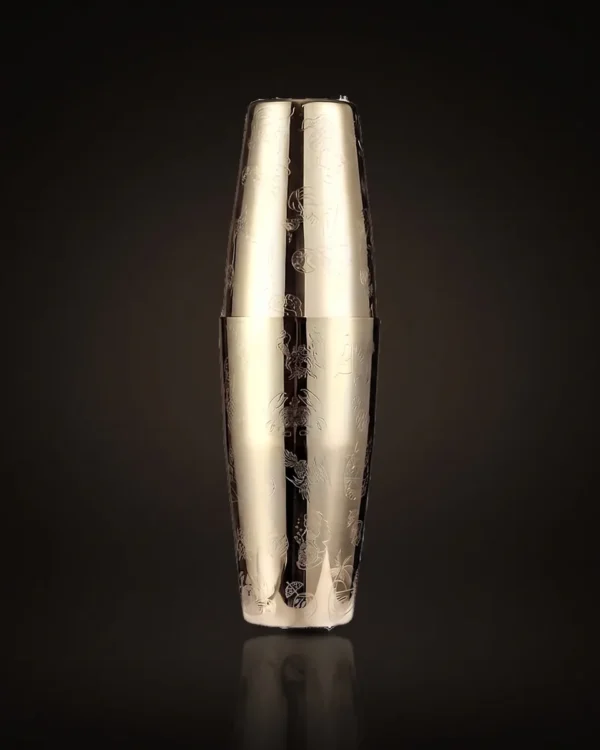 Gold engraved Boston shaker, Hula pattern, front view