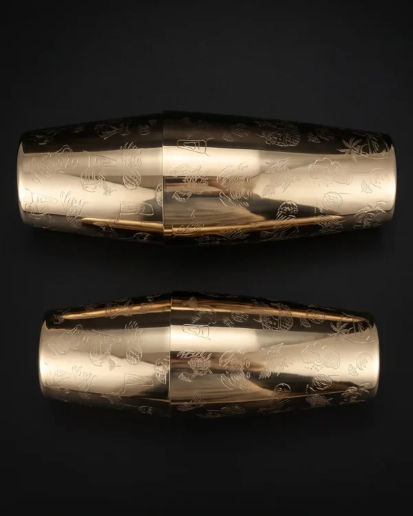 Gold engraved Boston shaker, Hula pattern, top view