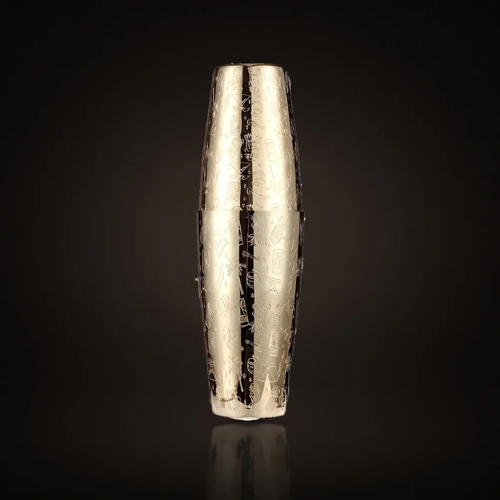 Gold engraved Boston shaker, Tiki pattern, front view
