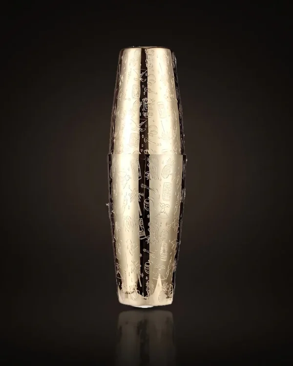 Gold engraved Boston shaker, Tiki pattern, front view