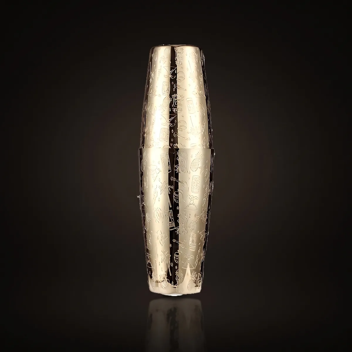 Gold engraved Boston shaker, Tiki pattern, front view