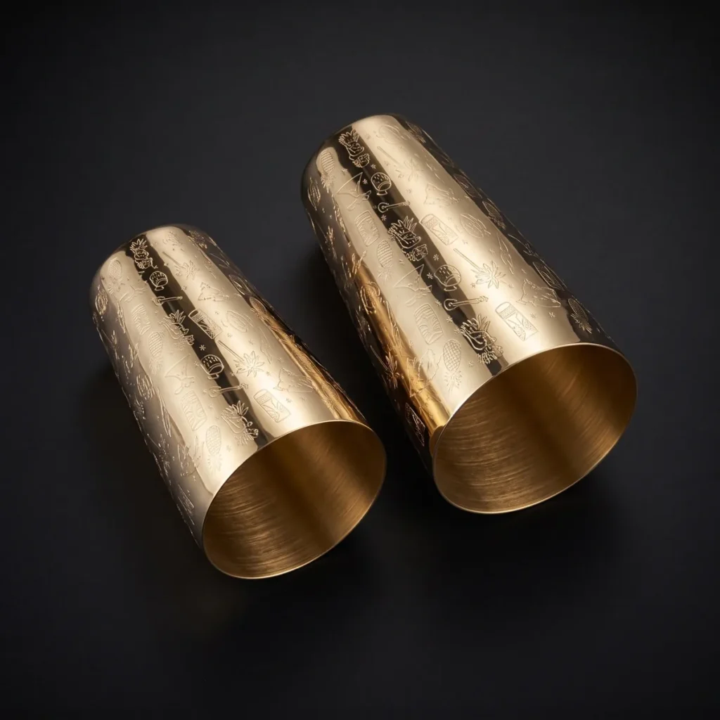 Gold engraved Boston shaker, Tiki pattern, top view