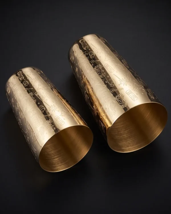 Gold engraved Boston shaker, Tiki pattern, top view