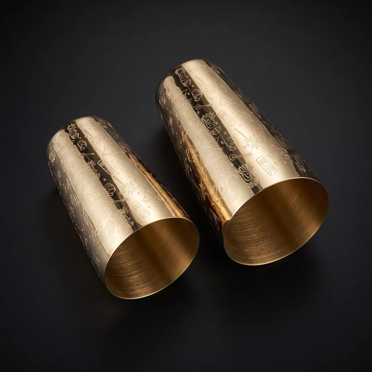 Gold engraved Boston shaker, Tiki pattern, top view