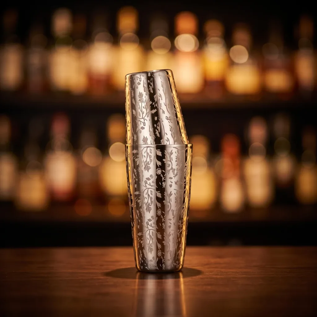 Engraved Boston shaker, Ay Tsao pattern, on a bar counter