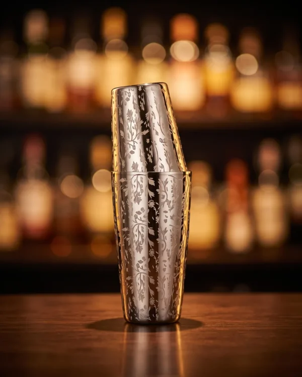 Engraved Boston shaker, Ay Tsao pattern, on a bar counter