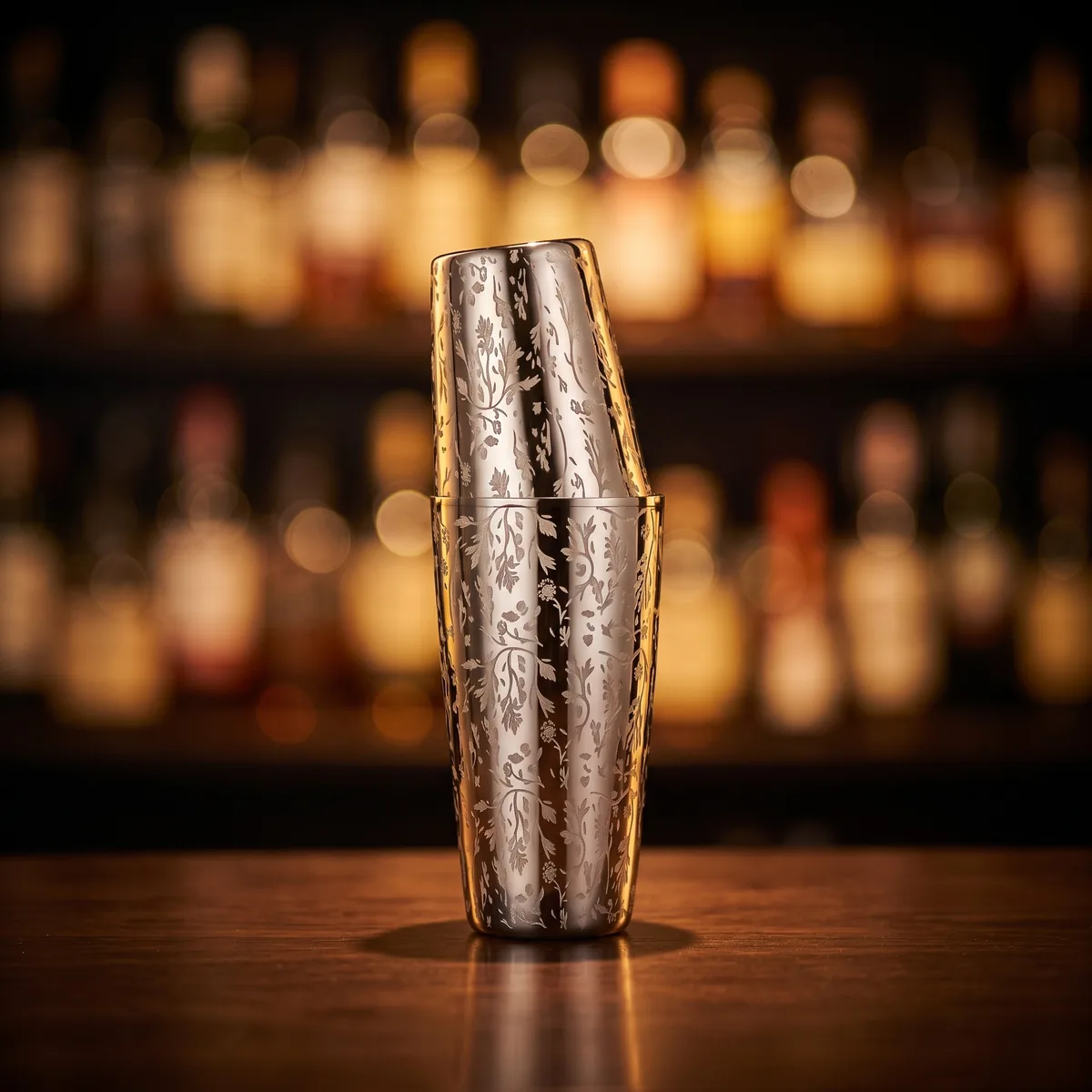 Engraved Boston shaker, Ay Tsao pattern, on a bar counter