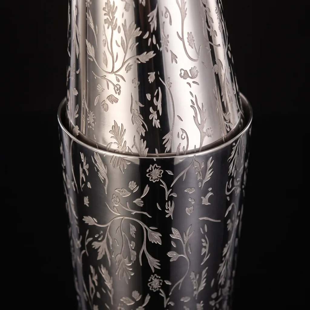 Engraved Boston shaker, Ay Tsao pattern, three-quarter view