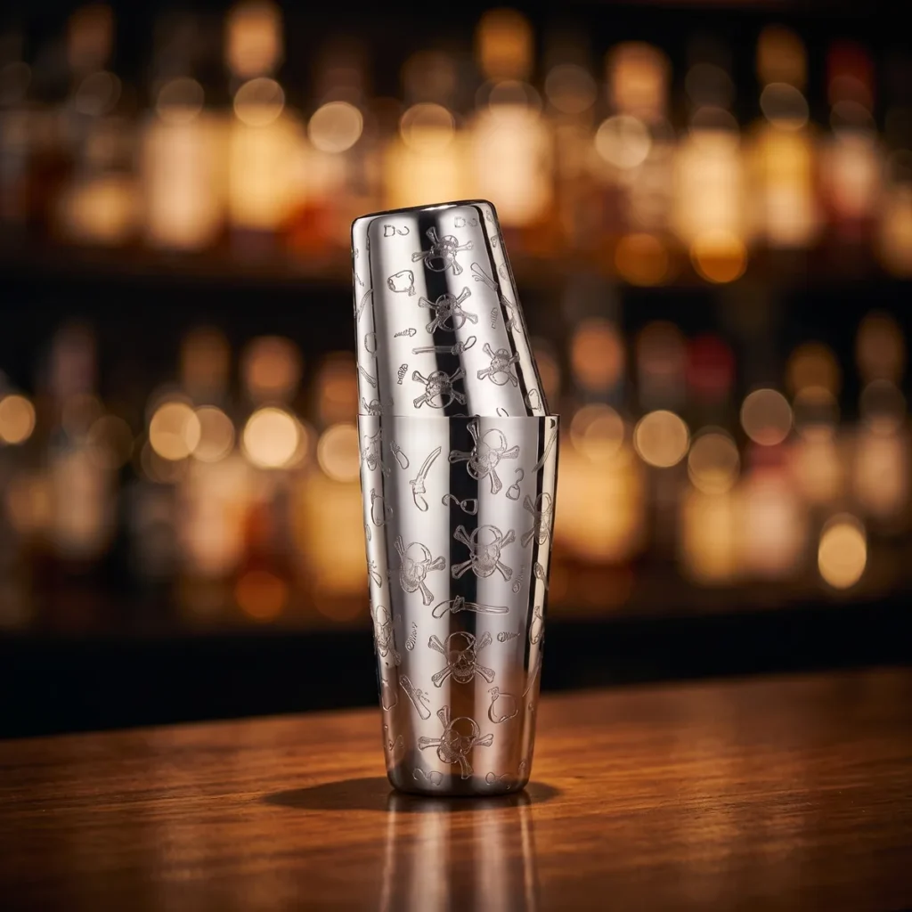 Engraved Boston shaker, skull pattern, on a bar counter