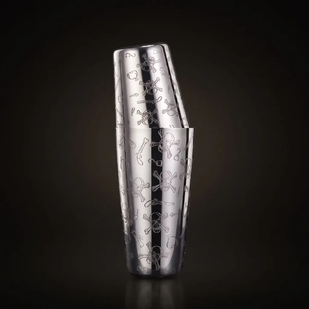 Engraved Boston shaker, skull pattern, front view