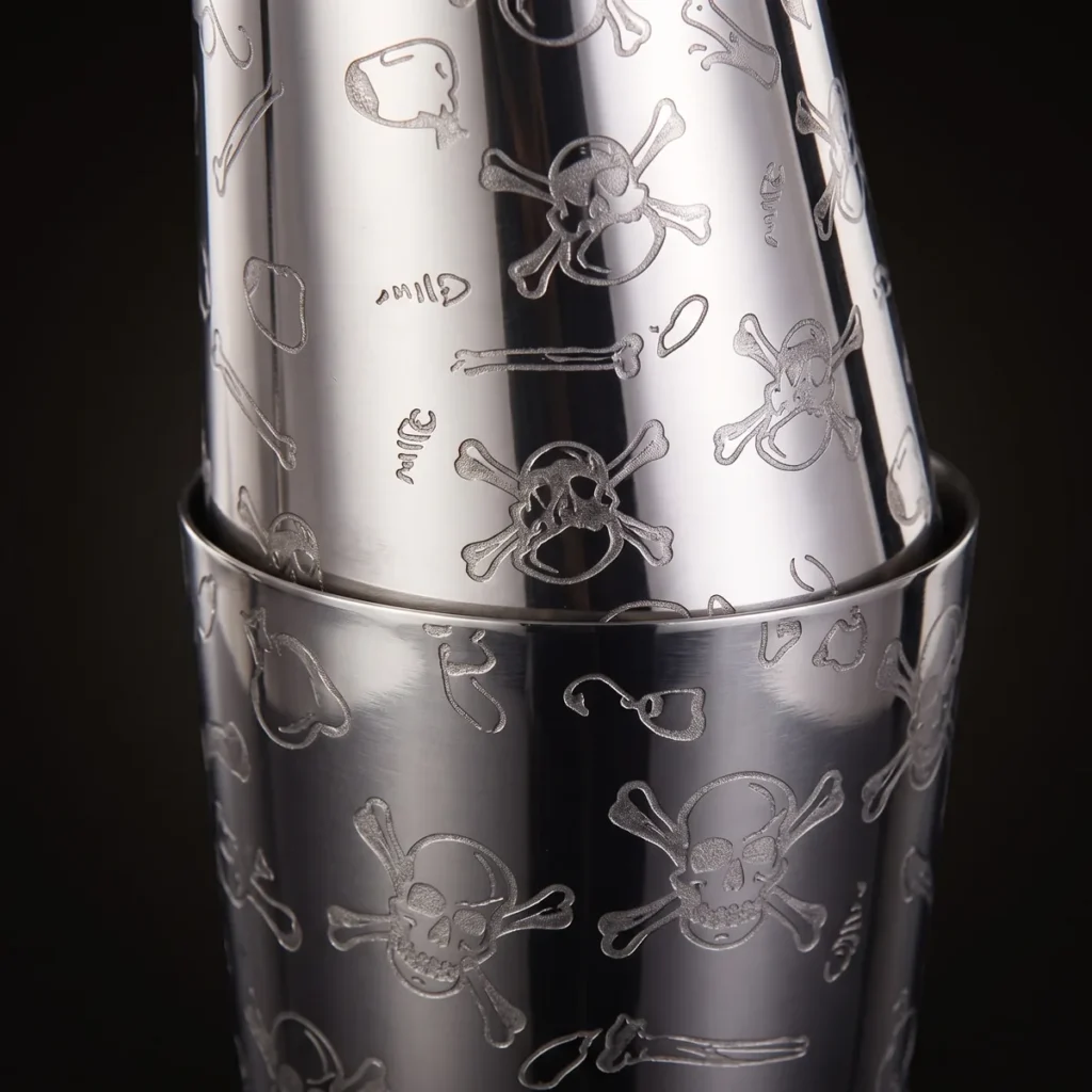 Engraved Boston shaker, skull pattern, three-quarter view