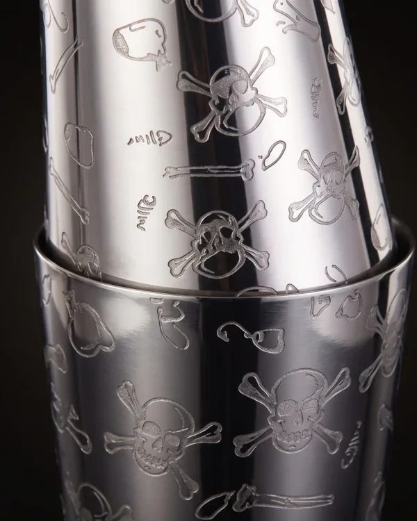 Engraved Boston shaker, skull pattern, three-quarter view