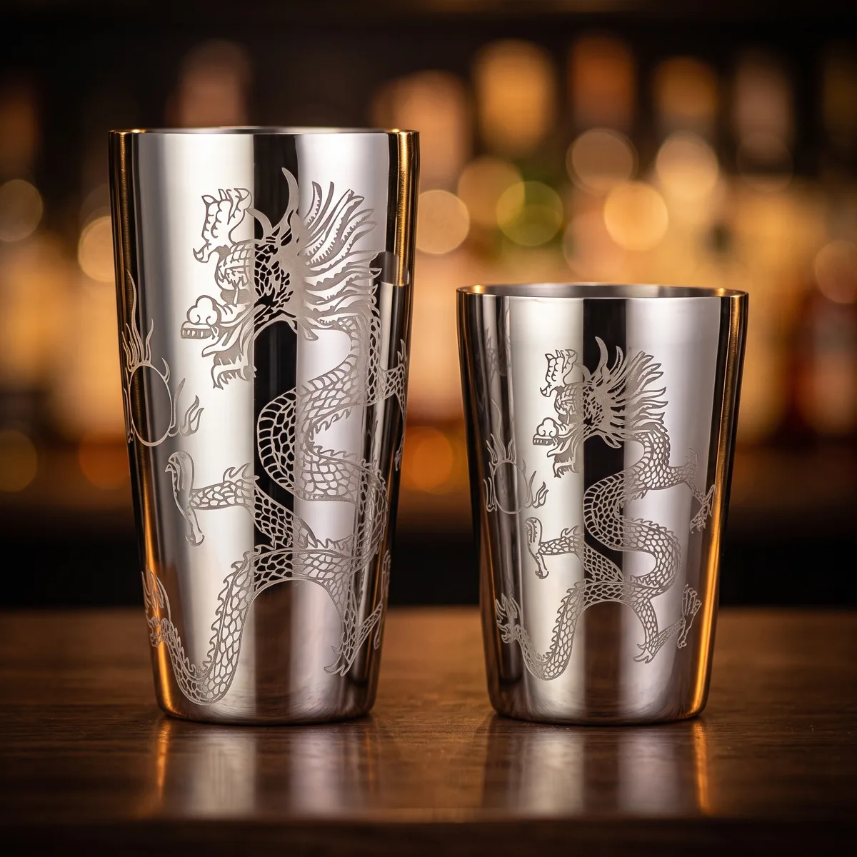 Engraved Boston shaker, Dragon pattern, on a bar counter