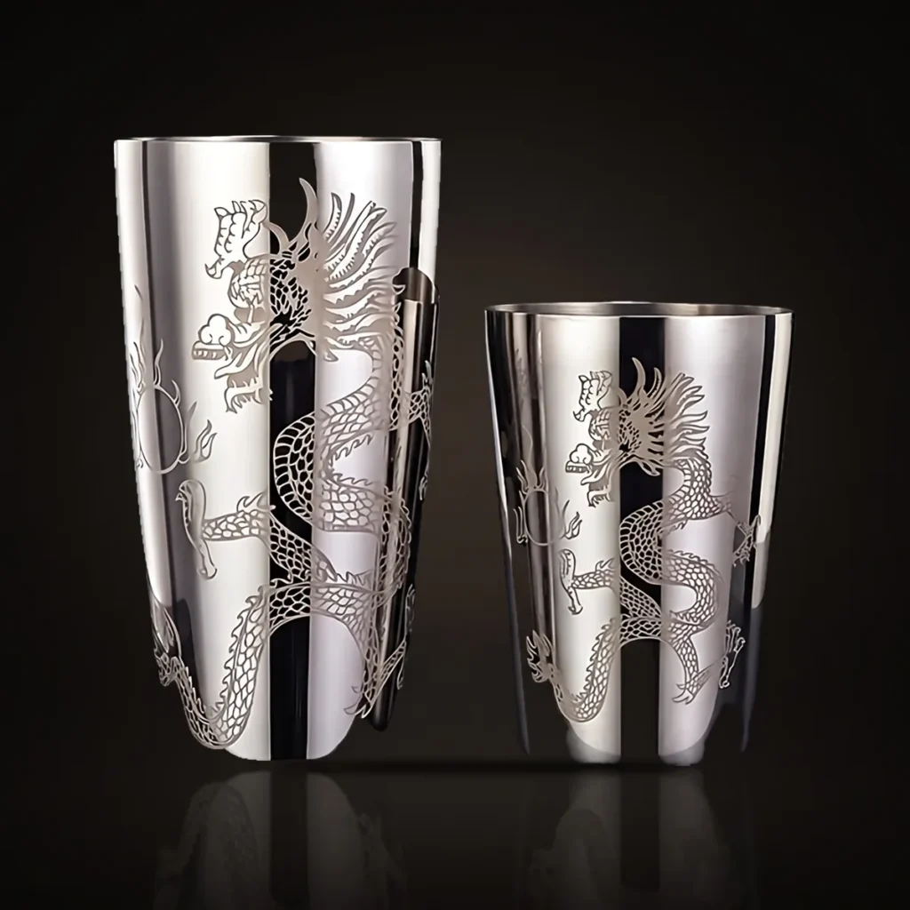 Engraved Boston shaker, Dragon pattern, front view