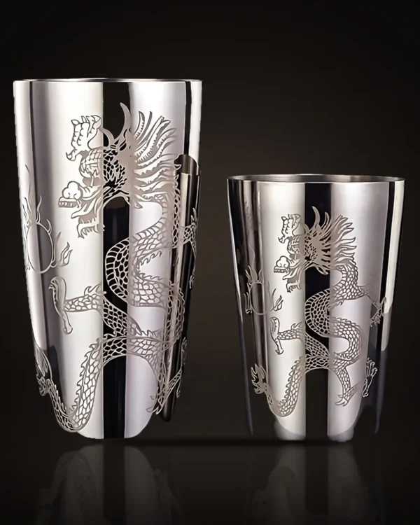 Engraved Boston shaker, Dragon pattern, front view