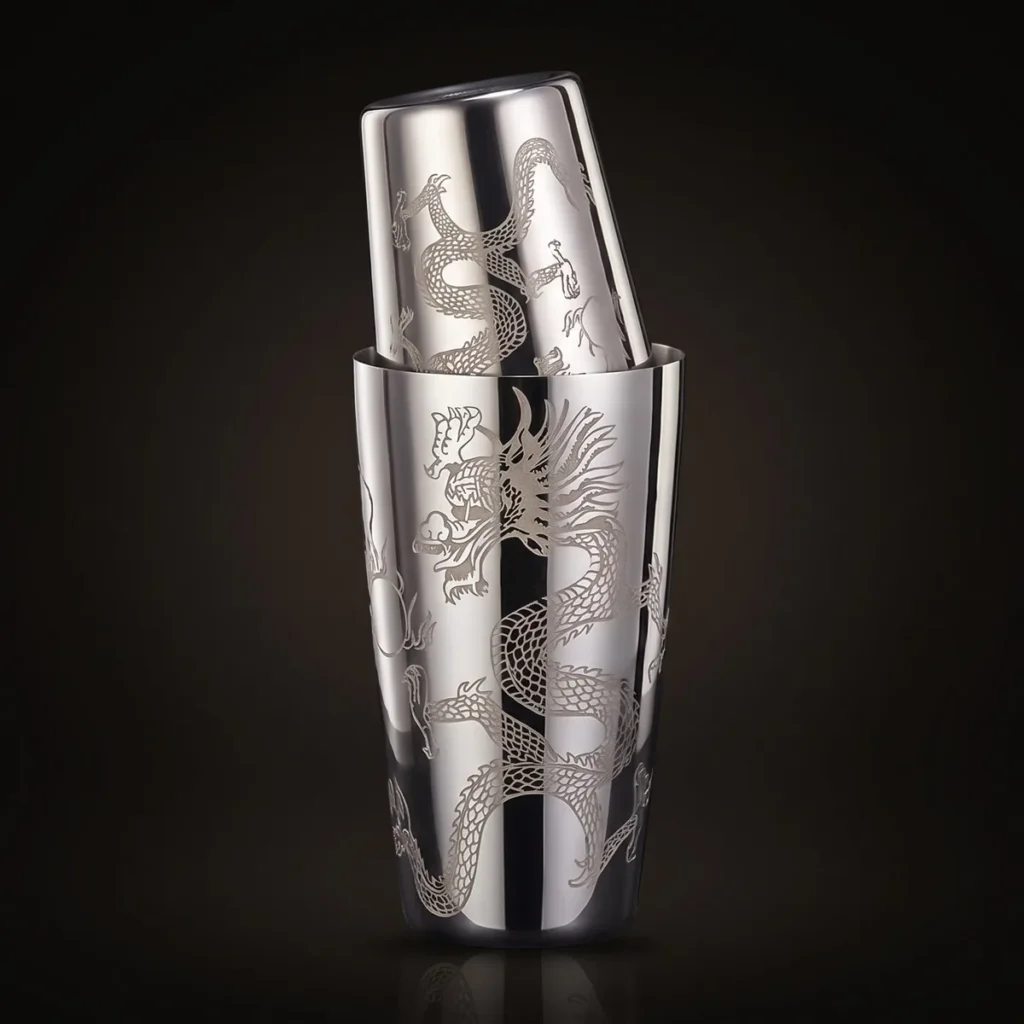 Engraved Boston shaker, Dragon pattern, three-quarter view