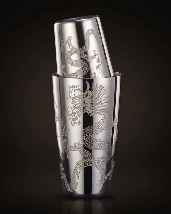 Engraved Boston shaker, Dragon pattern, three-quarter view