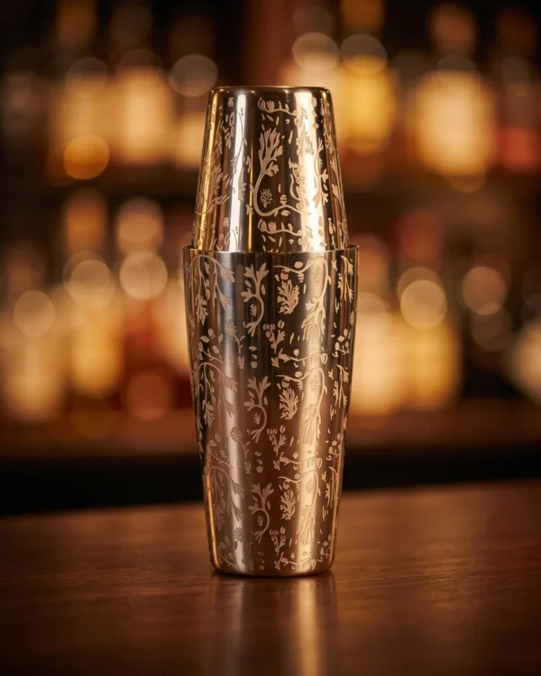 Engraved Boston shaker, foliage pattern, on a bar counter
