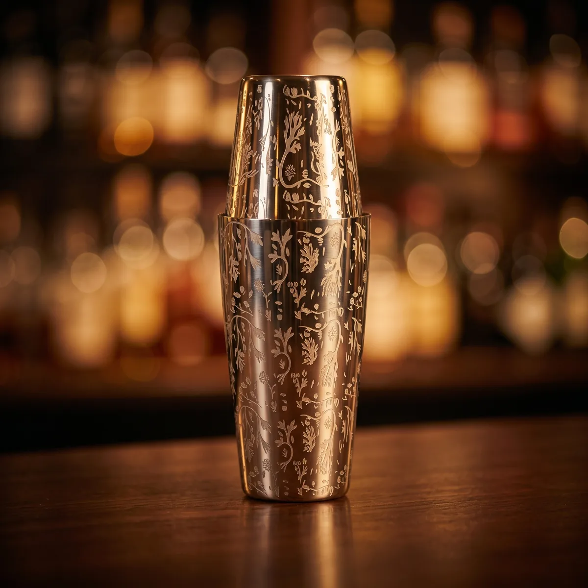 Engraved Boston shaker, foliage pattern, on a bar counter