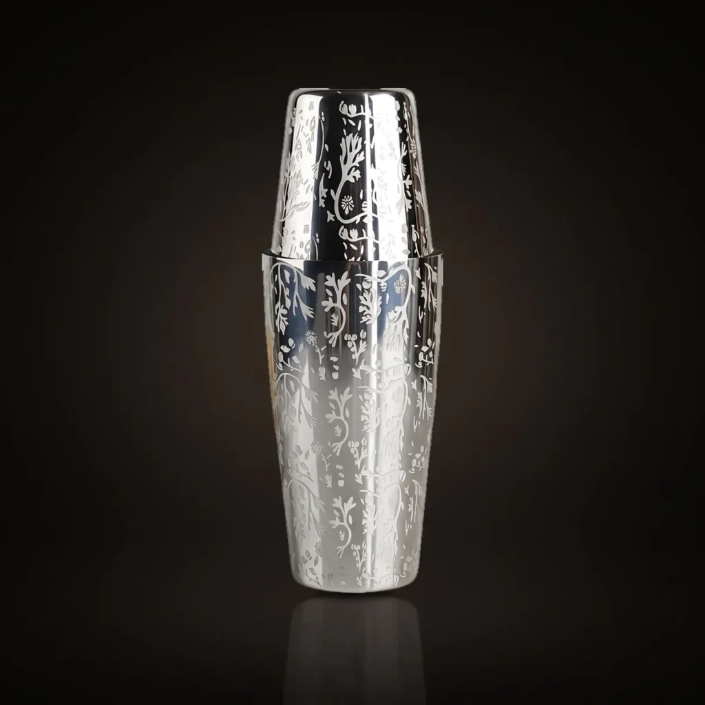 Engraved Boston shaker, foliage pattern, front view