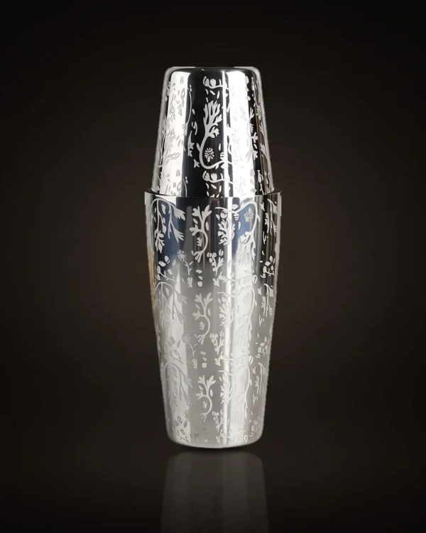 Engraved Boston shaker, foliage pattern, front view