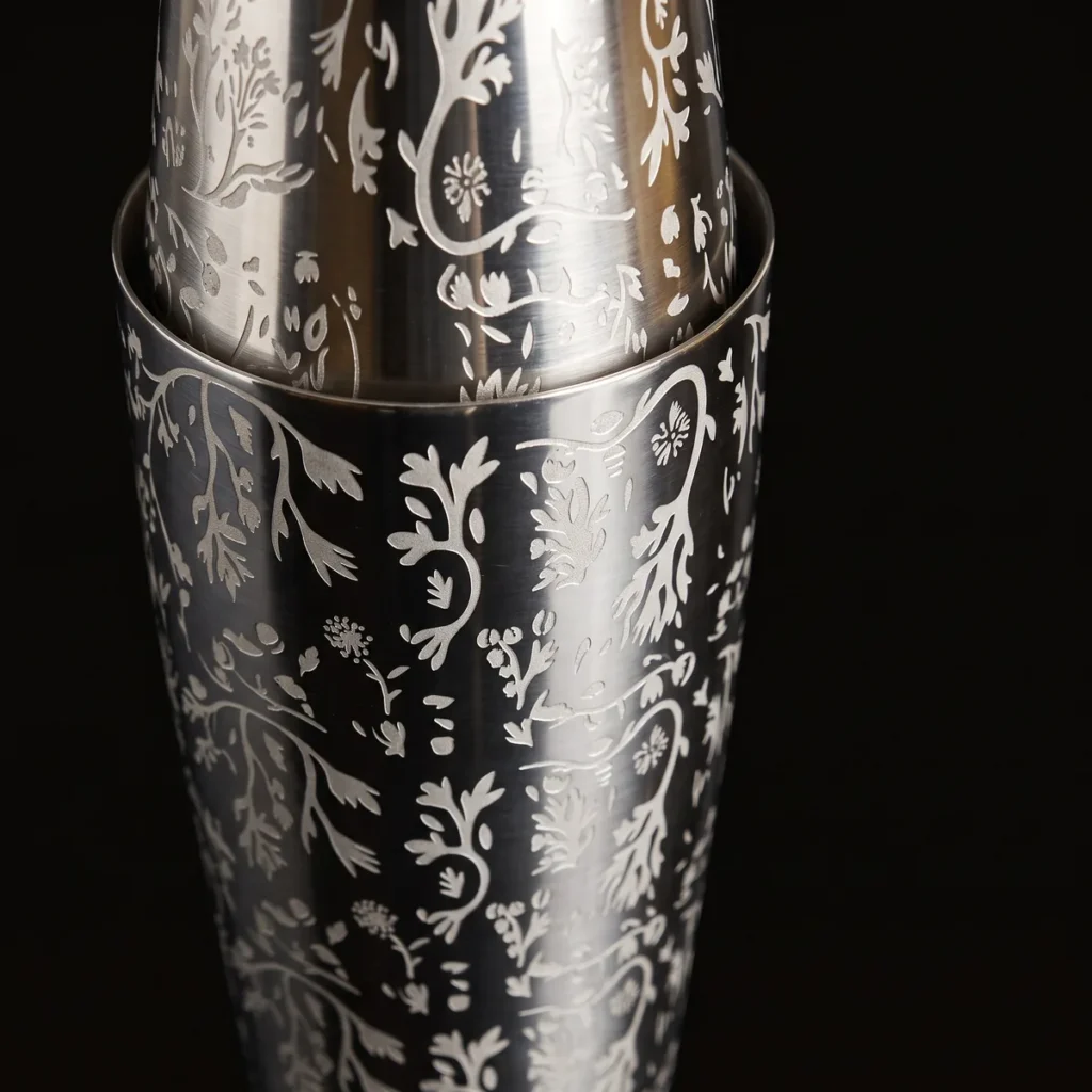 Engraved Boston shaker, foliage pattern, three-quarter view