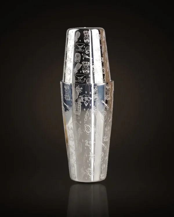 Engraved Boston shaker, Hawaiian pattern, front view
