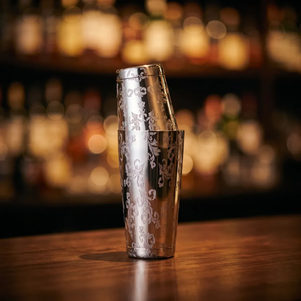 Engraved Boston shaker, Lavender pattern, on a bar counter