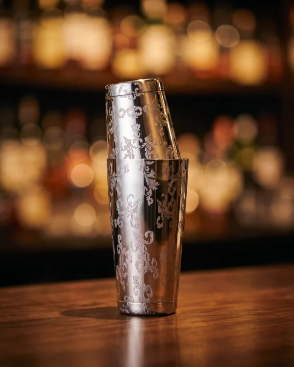 Engraved Boston shaker, Lavender pattern, on a bar counter