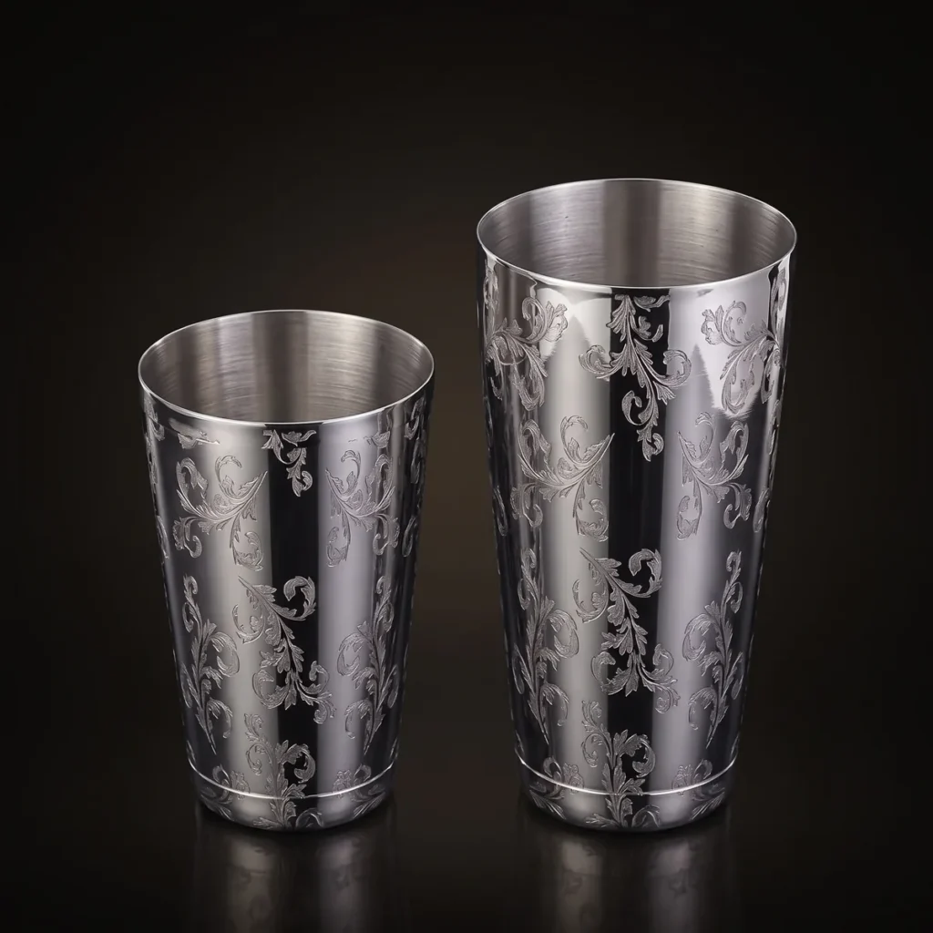 Engraved Boston shaker, Lavender pattern, three-quarter view