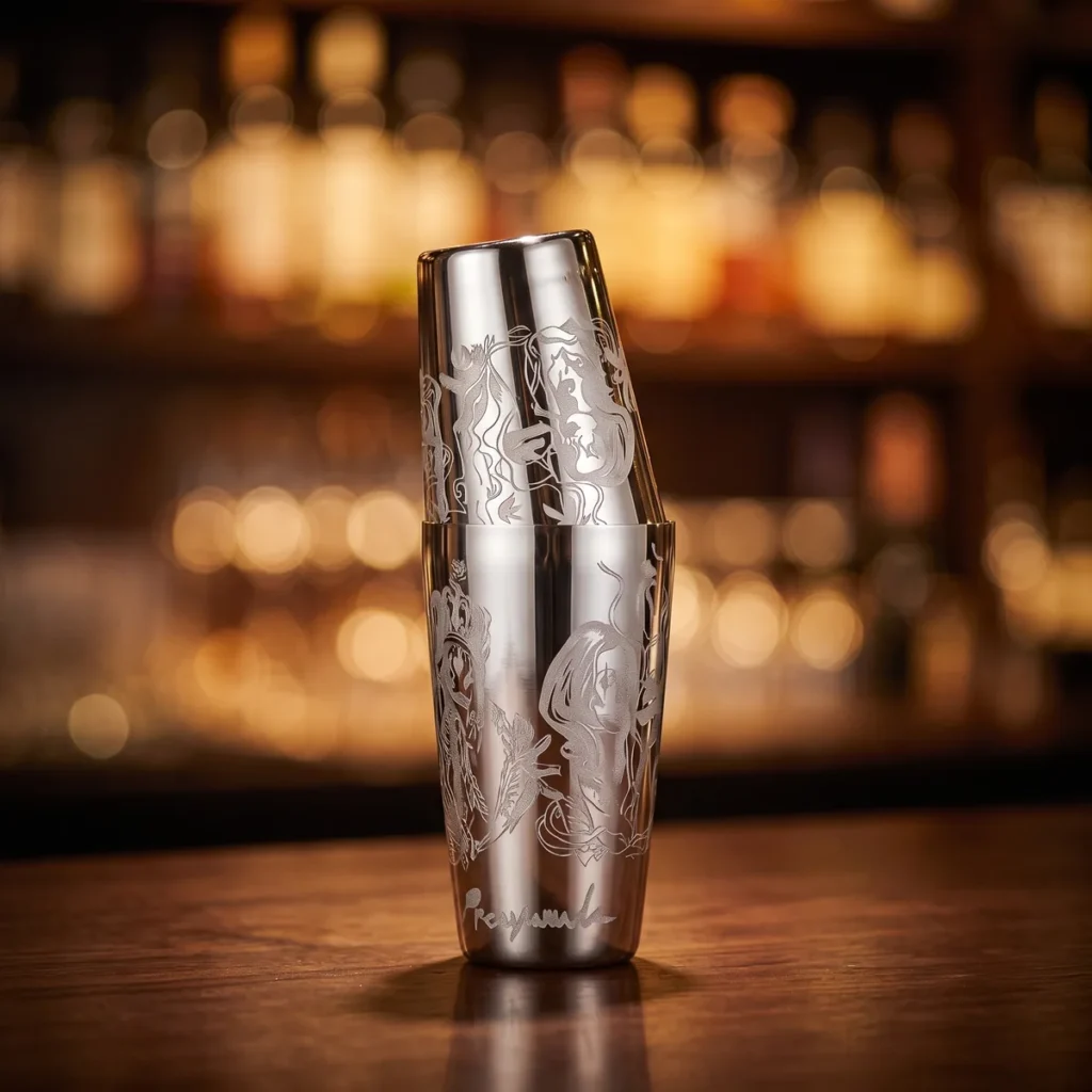 Engraved Boston shaker, Viking queen pattern, on a bar counter