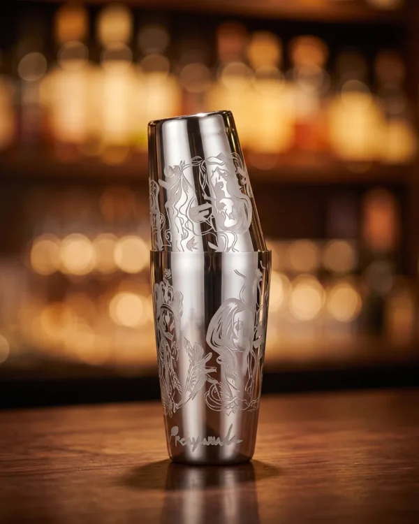 Engraved Boston shaker, Viking queen pattern, on a bar counter