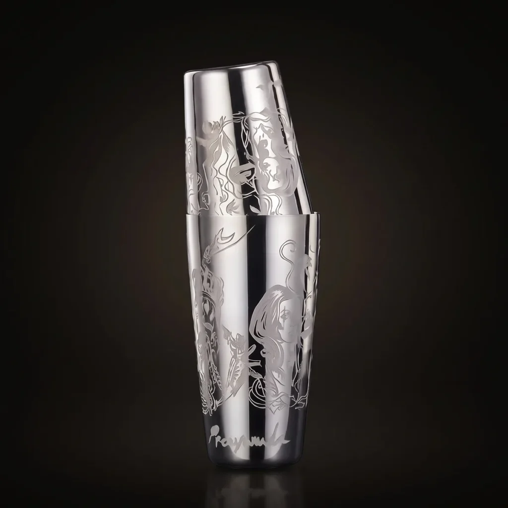 Engraved Boston shaker, Viking queen pattern, front view